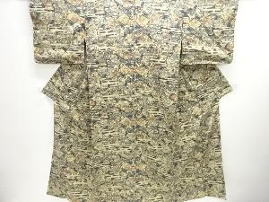 アンティーク　壷に家屋模様手織り紬着物